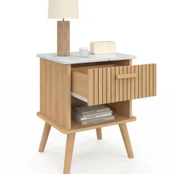 Lot de 2 tables de chevet JULIETTE plateau effet marbre 1 tiroir avec niche lattes tasseau bois