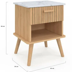 Lot de 2 tables de chevet JULIETTE plateau effet marbre 1 tiroir avec niche lattes tasseau bois