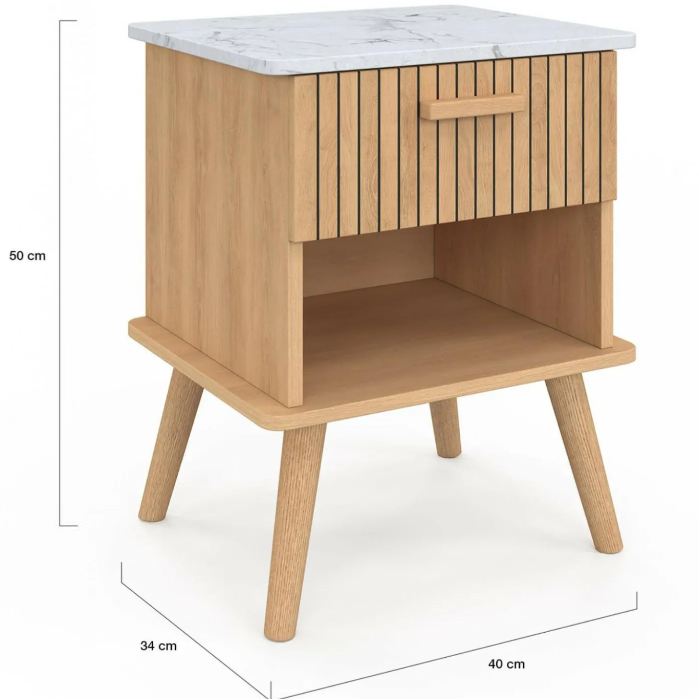 Lot de 2 tables de chevet JULIETTE plateau effet marbre 1 tiroir avec niche lattes tasseau bois