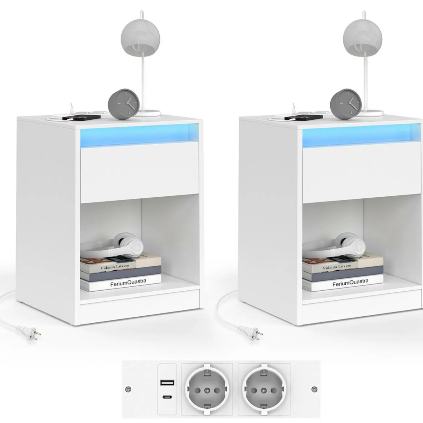 Lot de 2 tables de chevet à LED avec station de recharge 1 tiroir et niche
