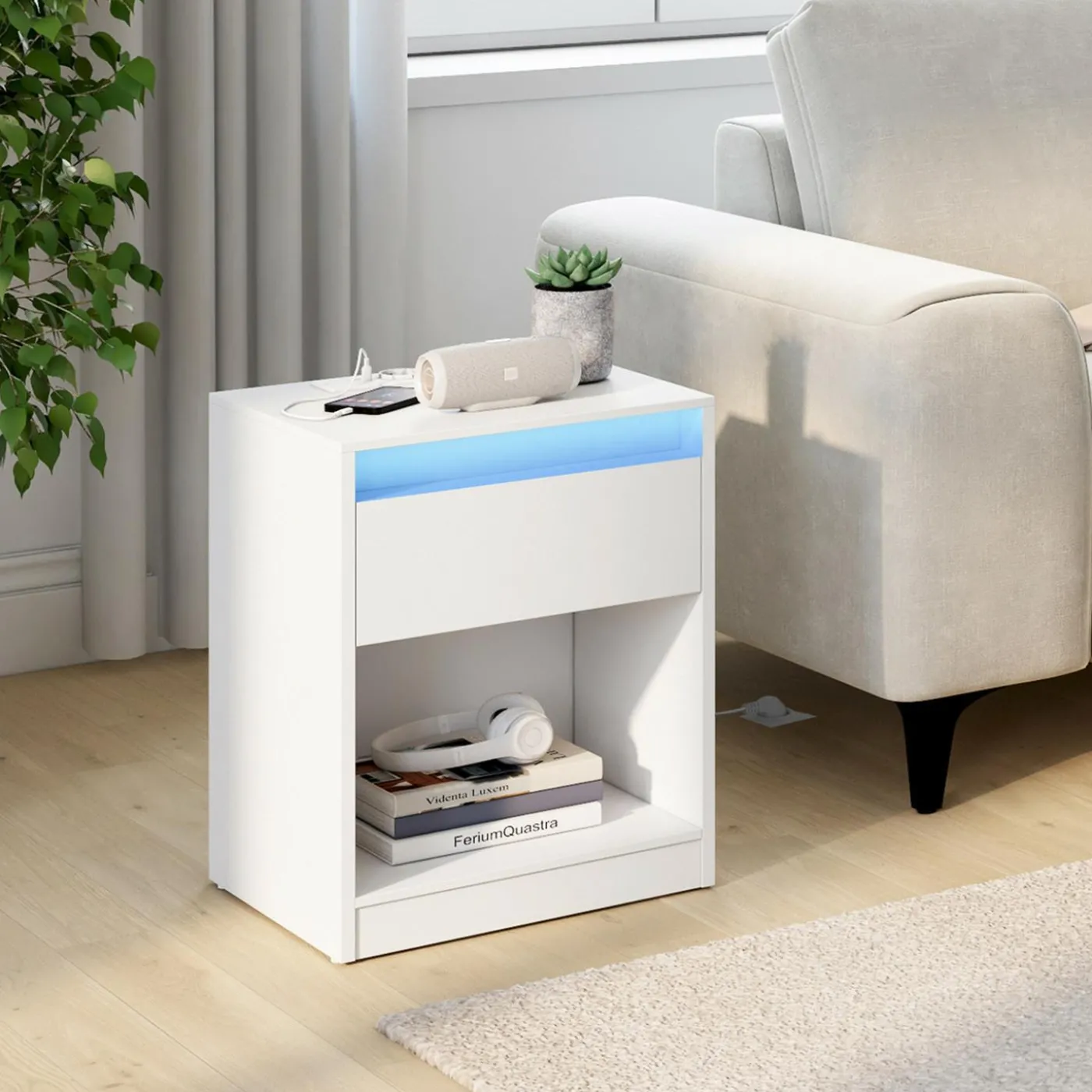 Lot de 2 tables de chevet à LED avec station de recharge 1 tiroir et niche
