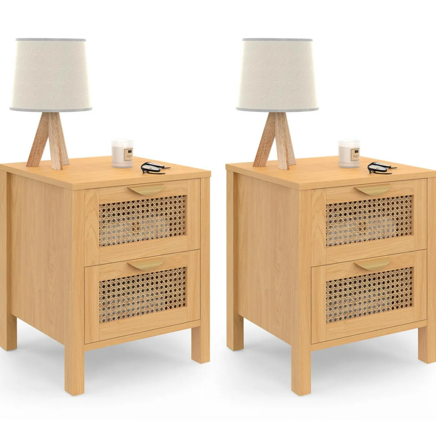 Lot de 2 tables de chevet 2 tiroirs cannage et bois