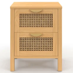 Lot de 2 tables de chevet 2 tiroirs cannage et bois