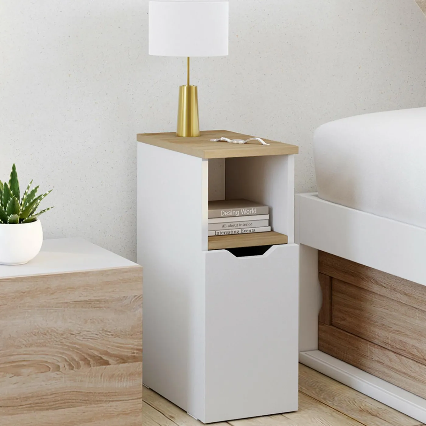 Lot de 2 tables de chevet bois et blanc 1 porte avec niche