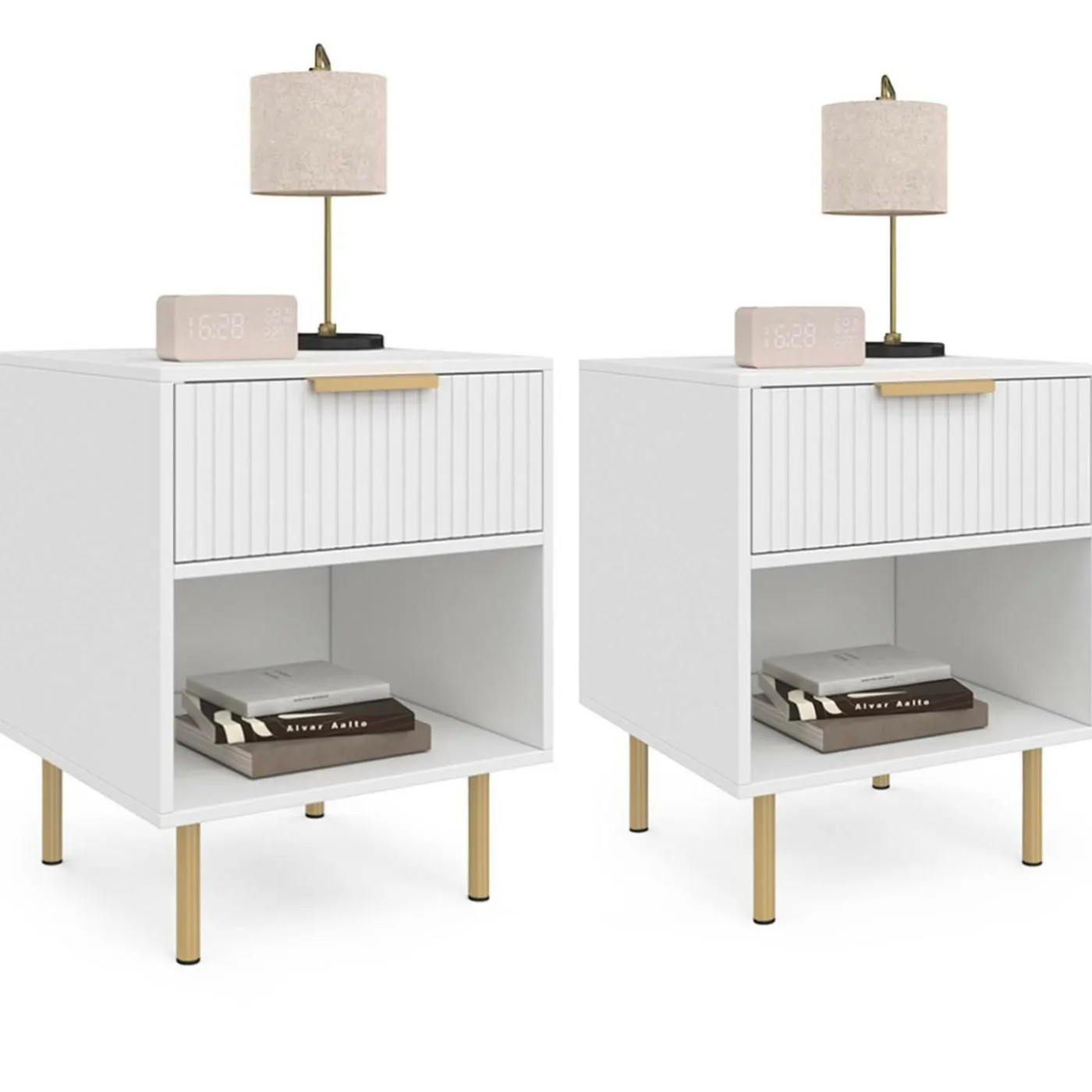 Lot de 2 tables de chevet bois blanc avec 1 tiroir lattes tasseau, une niche et pieds doré