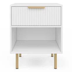 Lot de 2 tables de chevet bois blanc avec 1 tiroir lattes tasseau, une niche et pieds doré