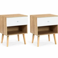 Lot de 2 tables de chevet scandinaves hêtre et blanc 1 tiroir