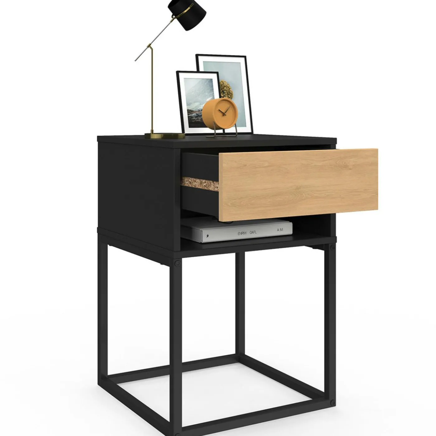 Lot de 2 tables de chevet 1 tiroir façon hêtre et 1 niche noire