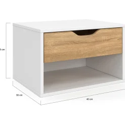 Lot de 2 tables de chevet suspendues 1 tiroir avec niche en bois façon hêtre et blanc