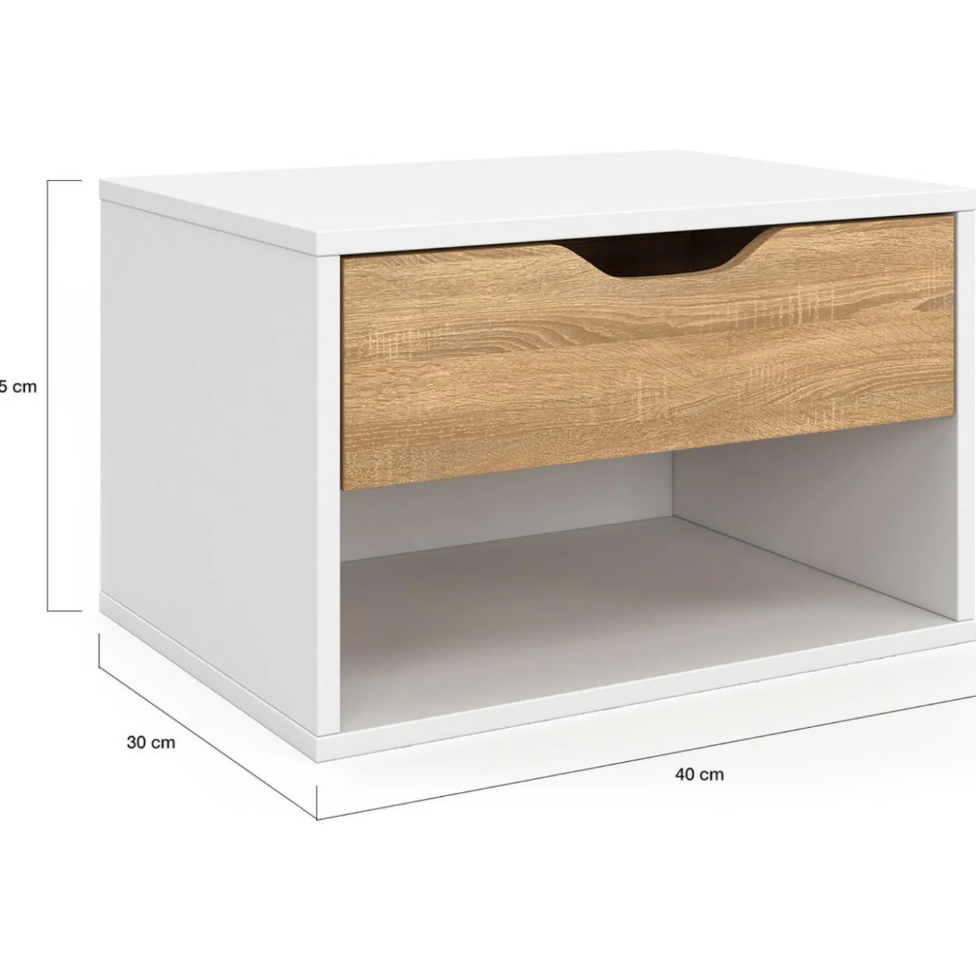 Lot de 2 tables de chevet suspendues 1 tiroir avec niche en bois façon hêtre et blanc