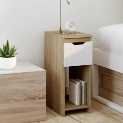 Lot de 2 tables de chevet 1 tiroir avec niche bois façon hêtre et blanc