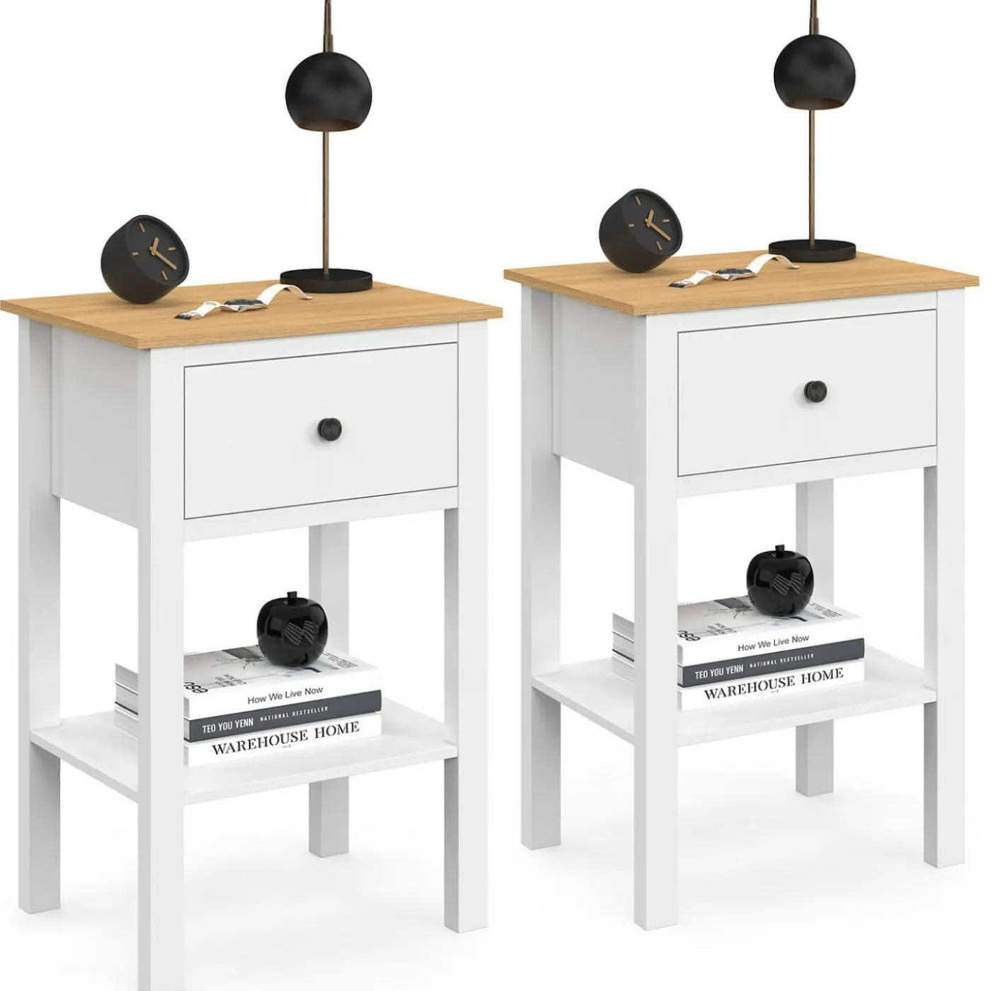 Lot de 2 tables de chevet 1 tiroir et 1 tablette blanc et plateau bois