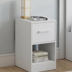 Lot de 2 tables de chevet 1 tiroir en tissu avec niche bois blanc