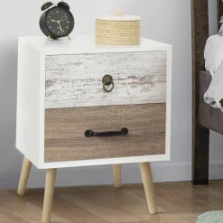 Lot de 2 tables de chevet scandinaves avec tiroirs blanc et bois