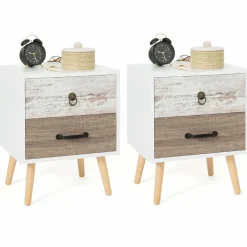 Lot de 2 tables de chevet scandinaves avec tiroirs blanc et bois