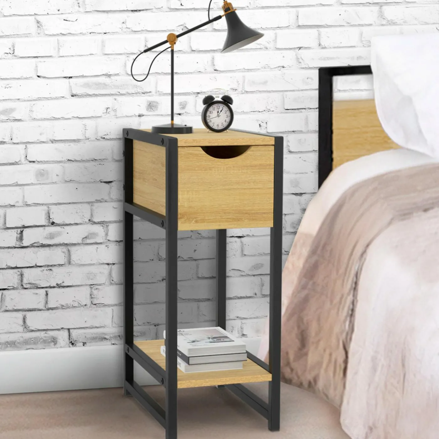 Lot de 2 tables de chevet gain de place bois et métal noir 1 tiroir 1 tablette style industriel
