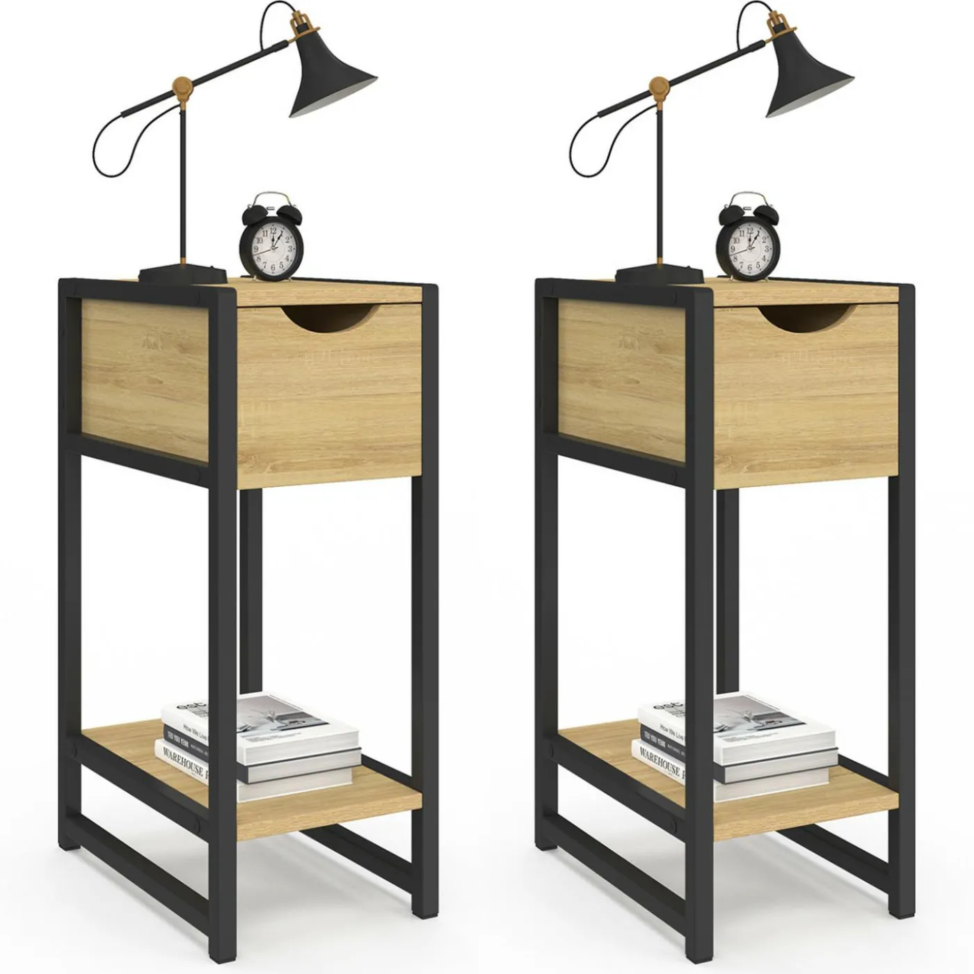 Lot de 2 tables de chevet gain de place bois et métal noir 1 tiroir 1 tablette style industriel