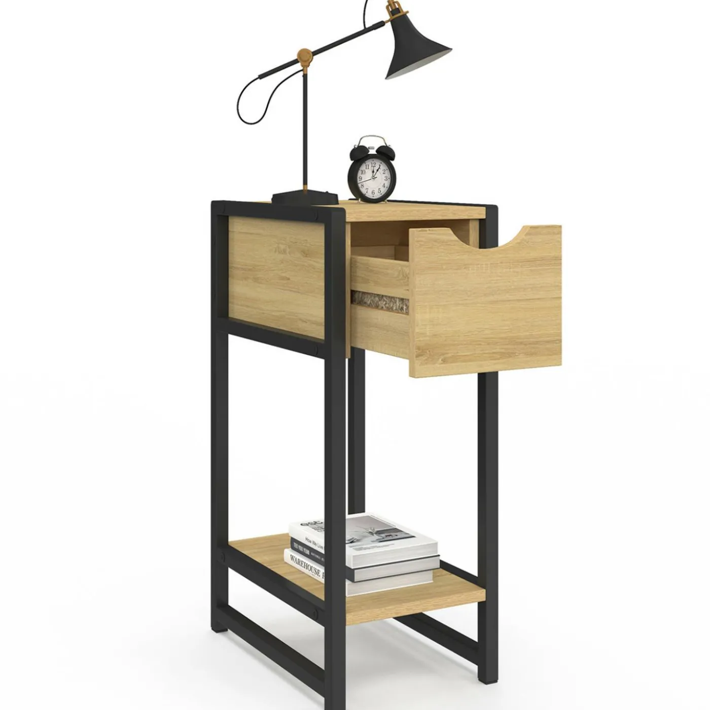 Lot de 2 tables de chevet gain de place bois et métal noir 1 tiroir 1 tablette style industriel