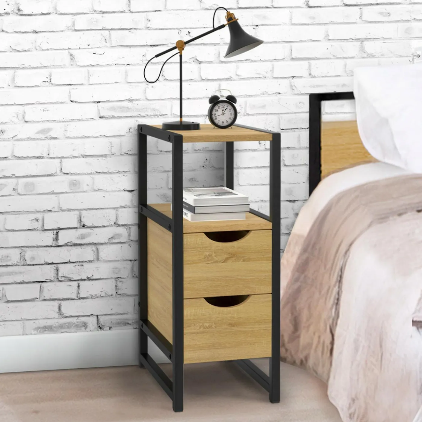 Lot de 2 tables de chevet bois et métal noir 2 tiroirs 1 niche style industriel