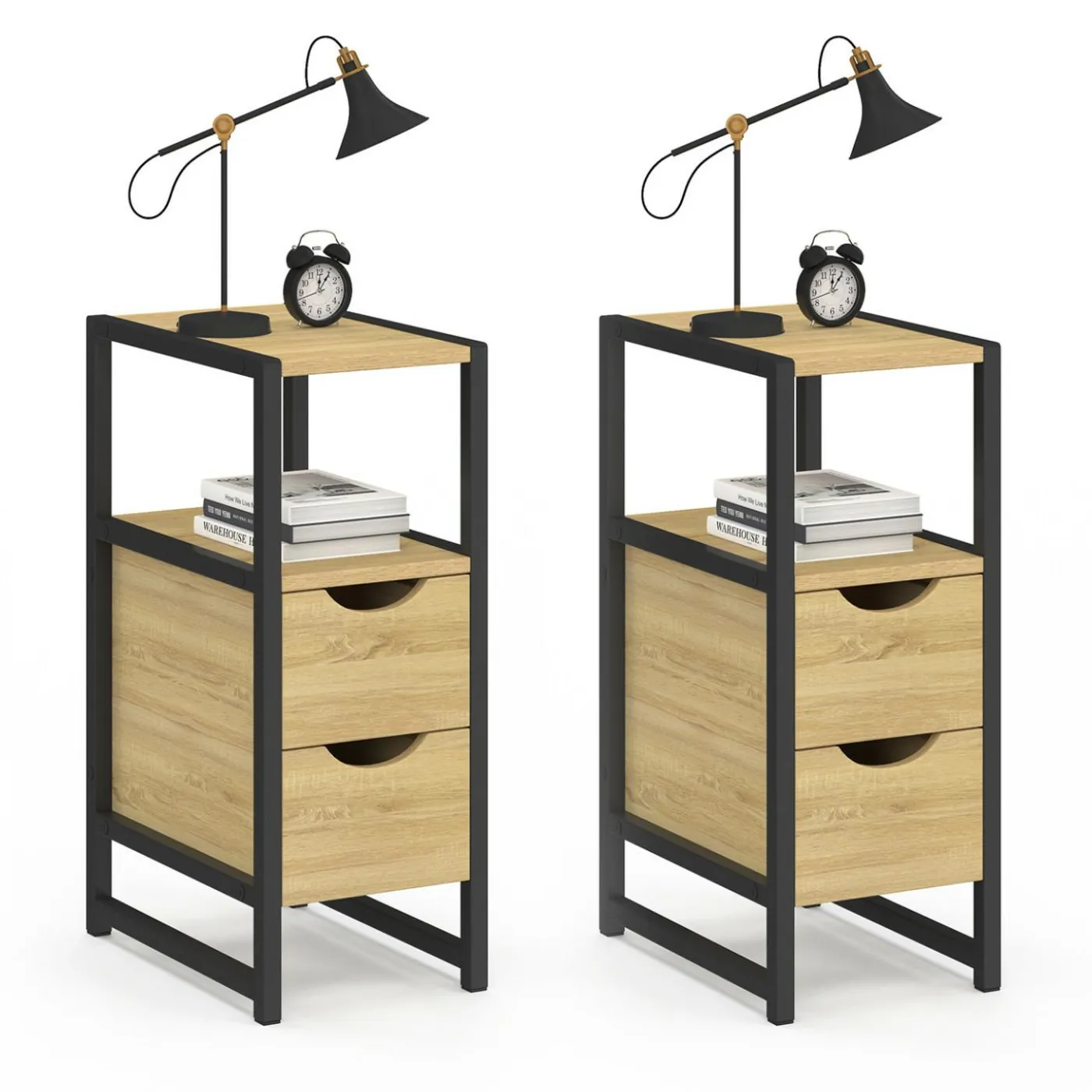 Lot de 2 tables de chevet bois et métal noir 2 tiroirs 1 niche style industriel