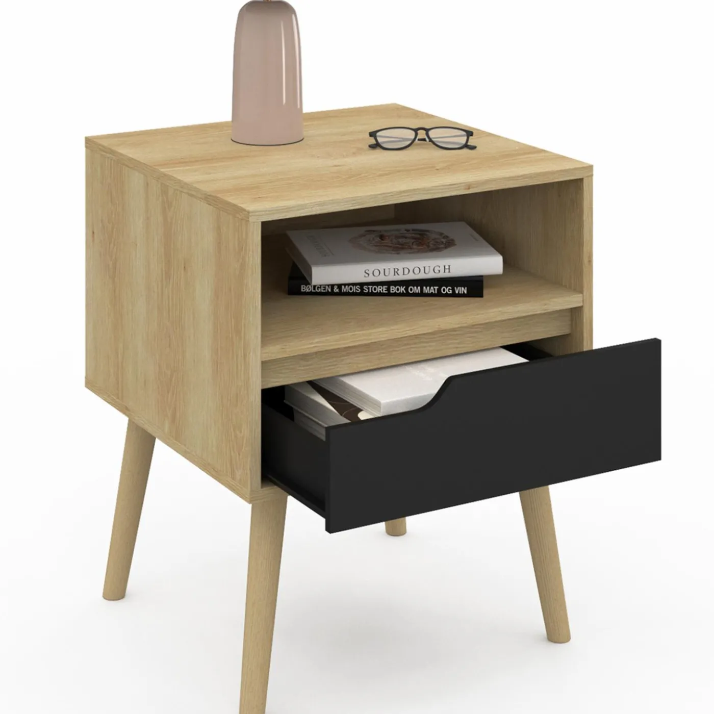 Lot de 2 tables de chevet scandinaves avec tiroir bois effet hêtre et noir