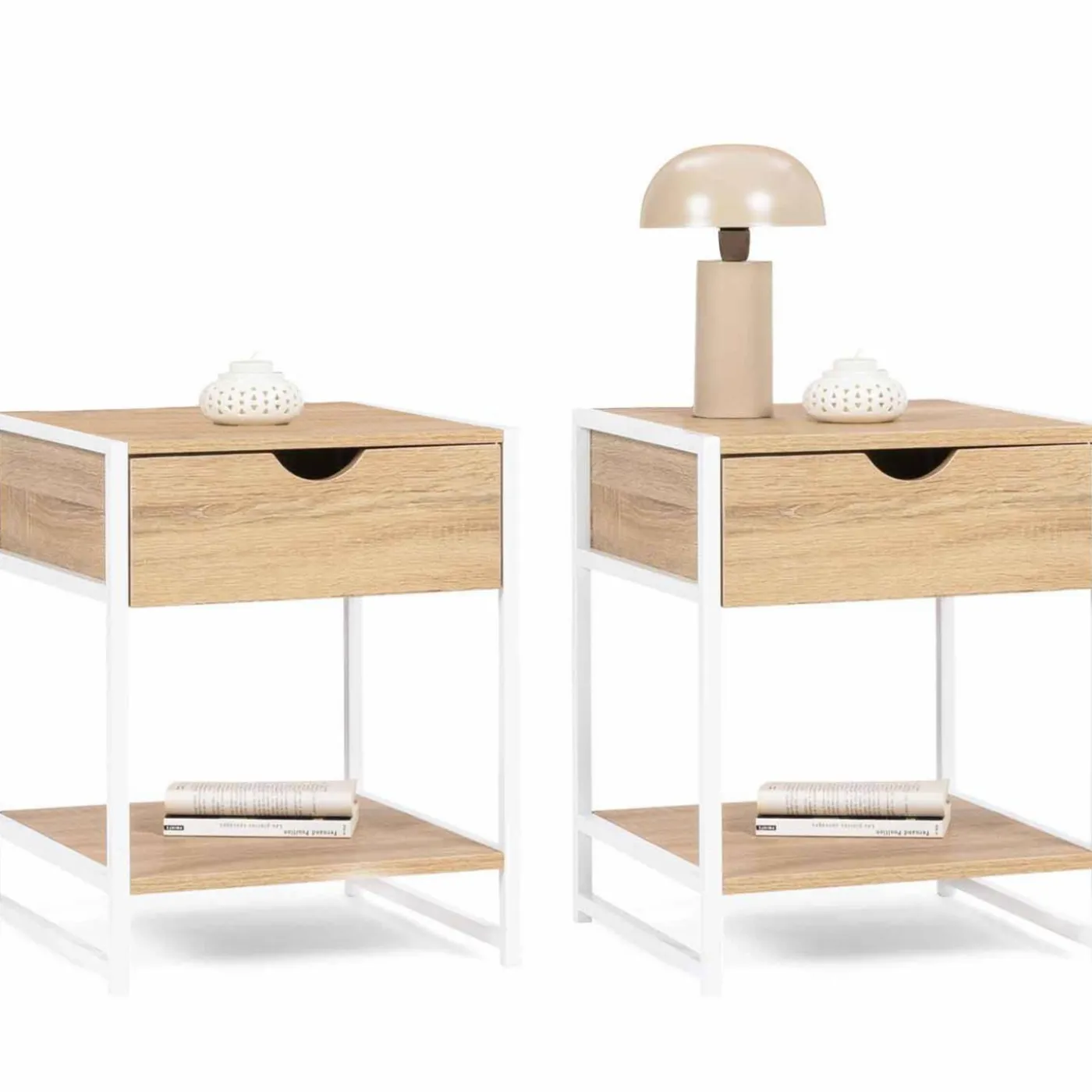 Lot de 2 tables de chevet métal blanc et bois