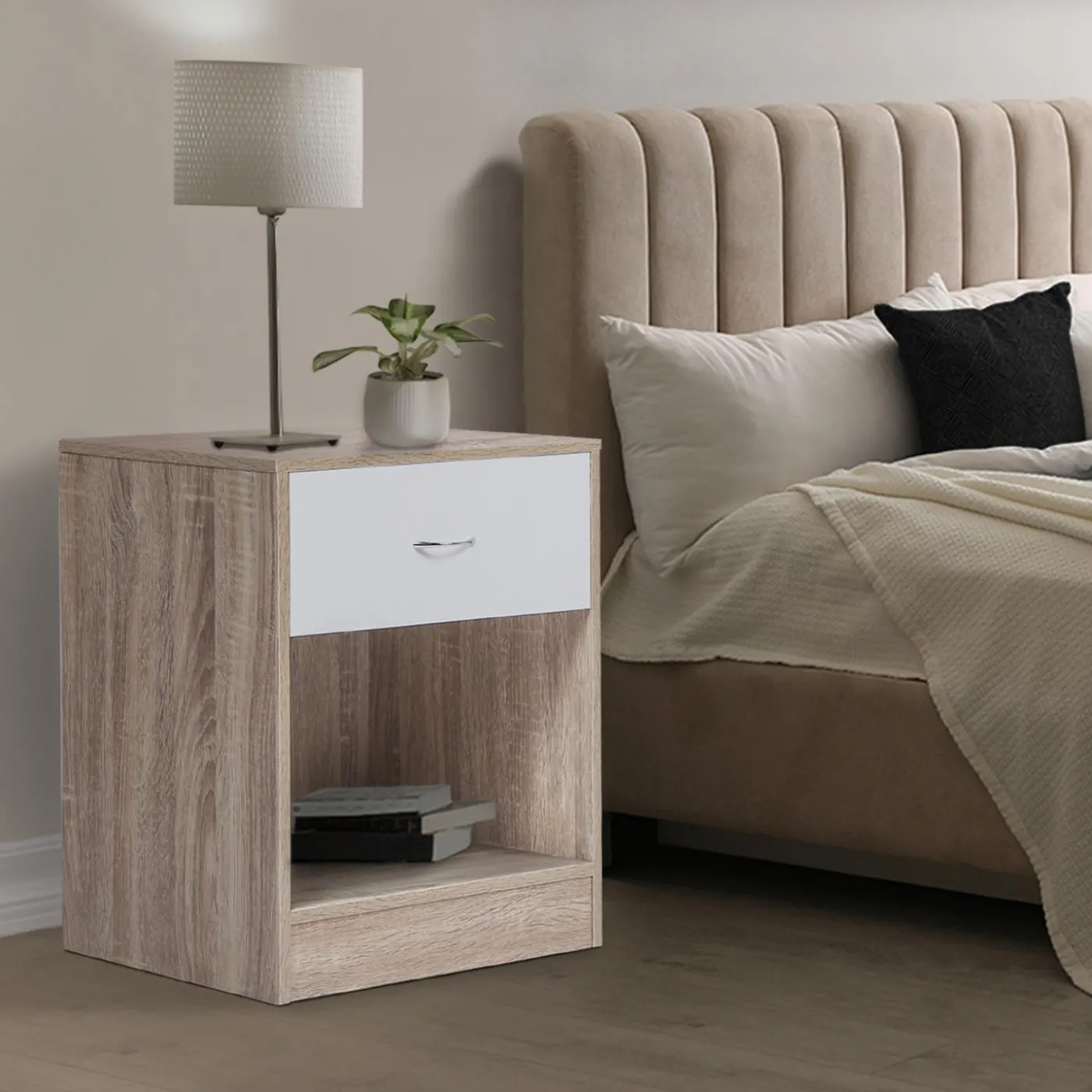 Lot de 2 tables de nuit bois façon hêtre tiroir blanc