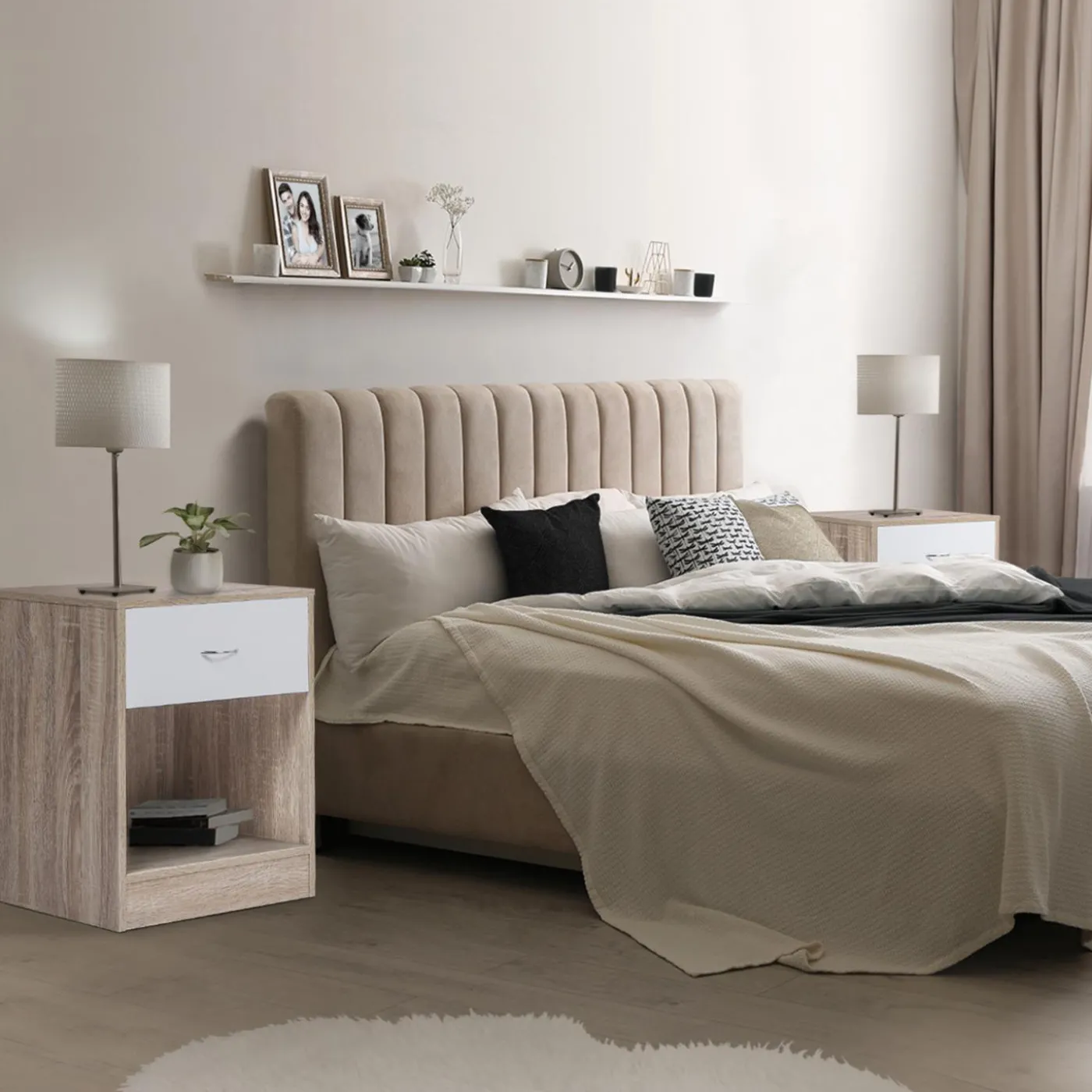 Lot de 2 tables de nuit bois façon hêtre tiroir blanc