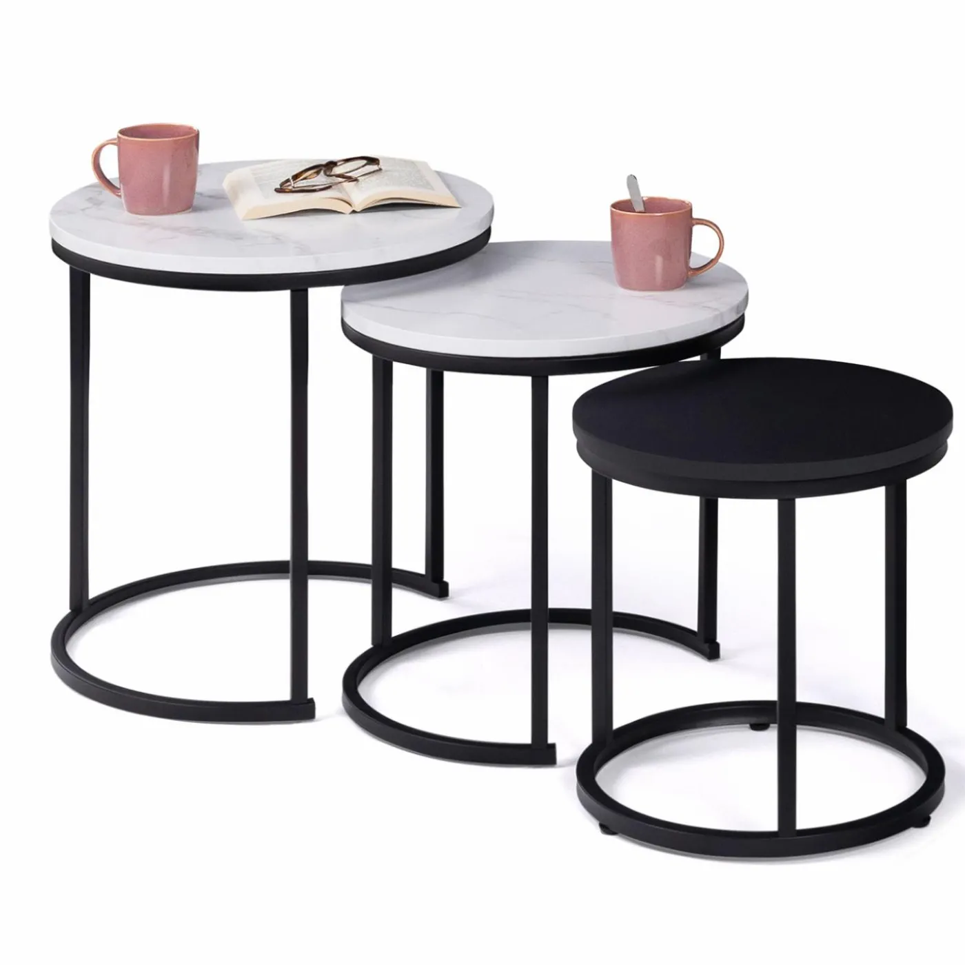 Lot de 3 tables gigognes rondes effet marbre et bois noir 35/40/45 cm