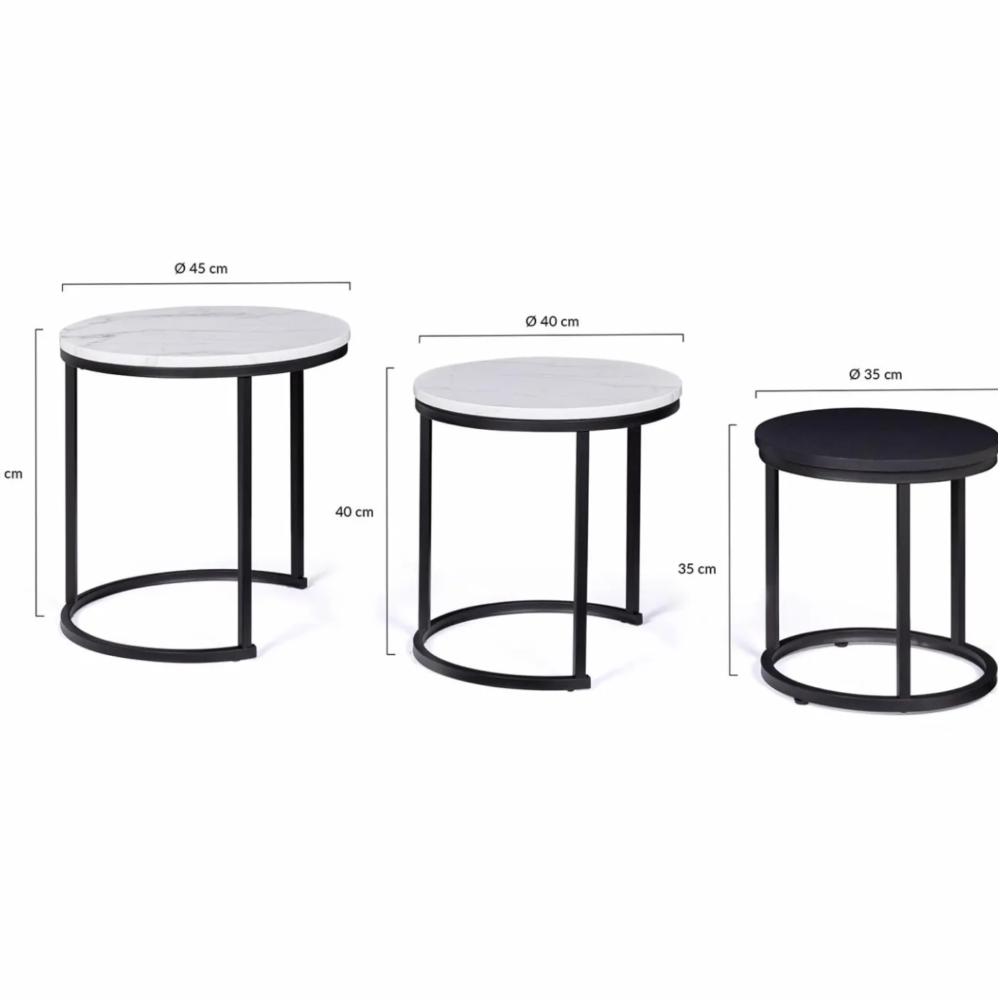 Lot de 3 tables gigognes rondes effet marbre et bois noir 35/40/45 cm