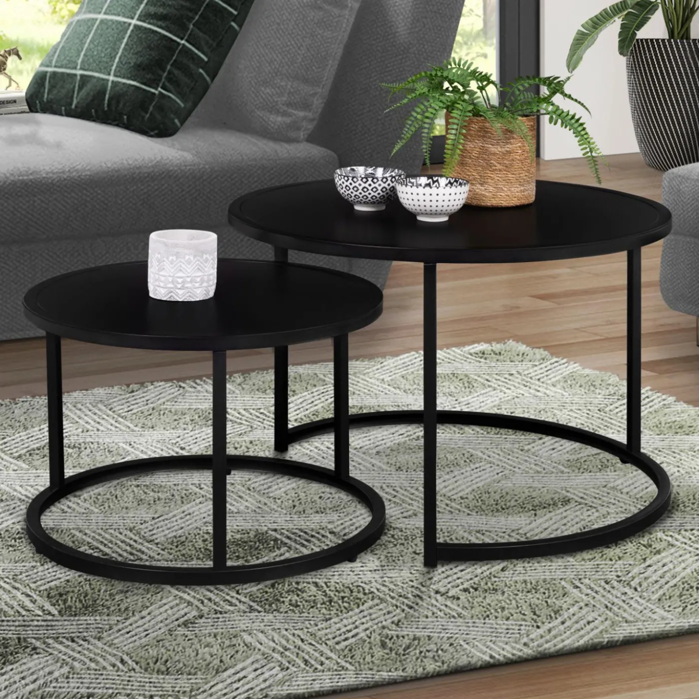 Lot de 2 tables gigognes rondes métal noir 54 cm et 70 cm