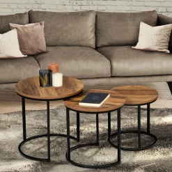 Lot de 3 tables gigognes rondes style industriel bois foncé