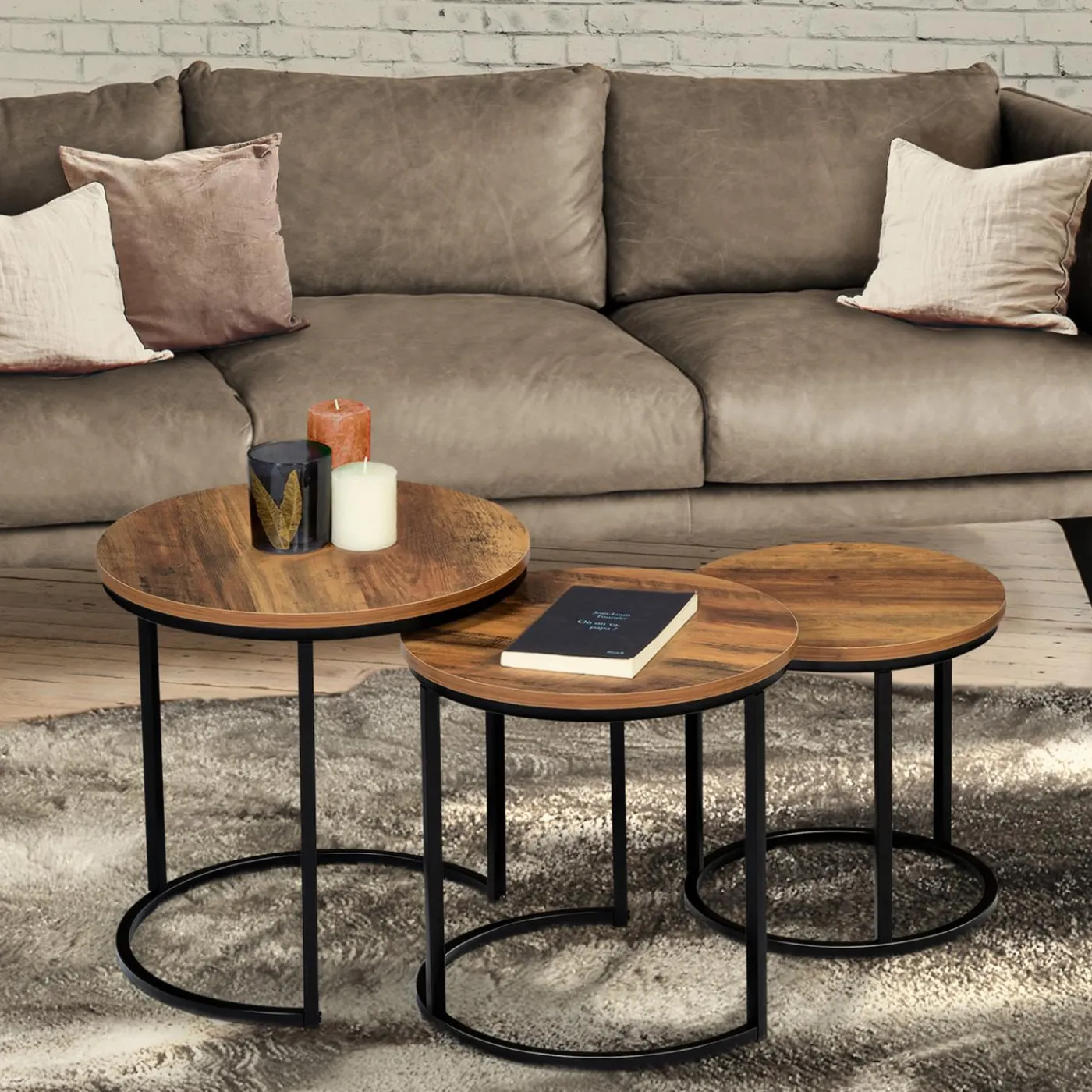 Lot de 3 tables gigognes rondes style industriel bois foncé
