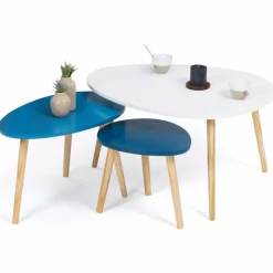 Lot de 3 tables gigognes scandinaves laquées blanc et bleu