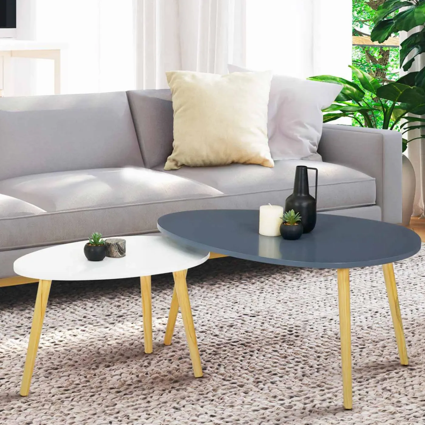 Lot de 2 tables gigognes scandinaves laquées blanc et gris