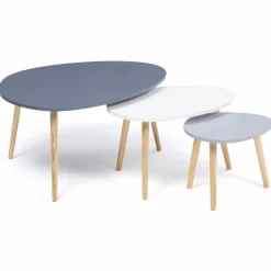 Lot de 3 tables gigognes scandinaves laquées blanche, gris clair et gris foncé