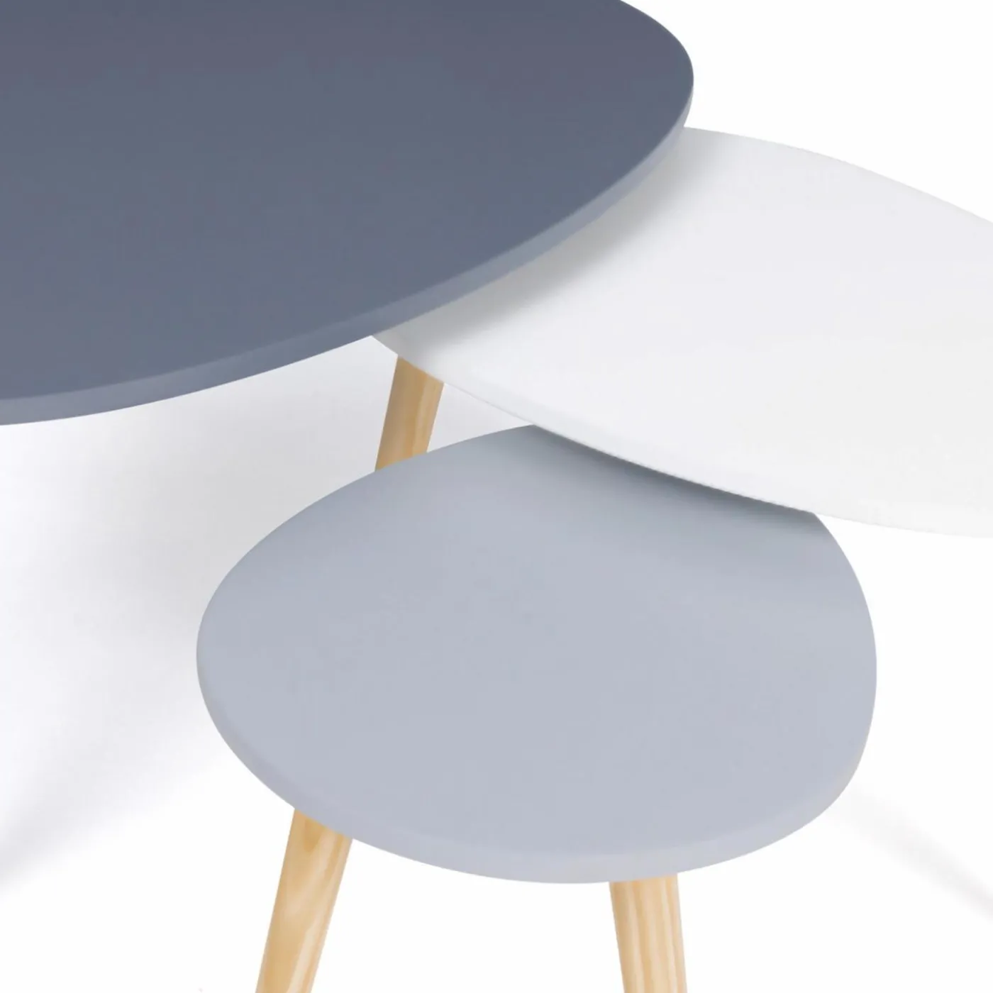 Lot de 3 tables gigognes scandinaves laquées blanche, gris clair et gris foncé