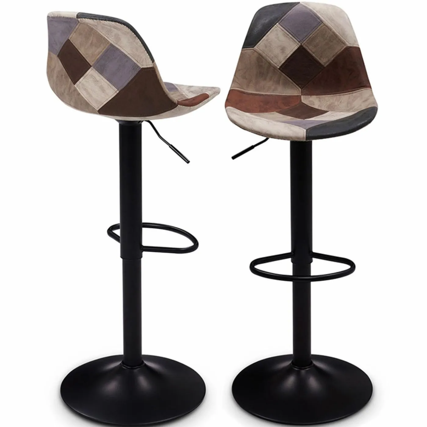 Lot de 2 tabourets de bar design pied noir assise patchwork marron