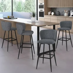 Lot de 4 tabourets de bar assise en tissu gris foncé et pieds en métal noir