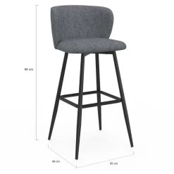 Lot de 4 tabourets de bar assise en tissu gris foncé et pieds en métal noir