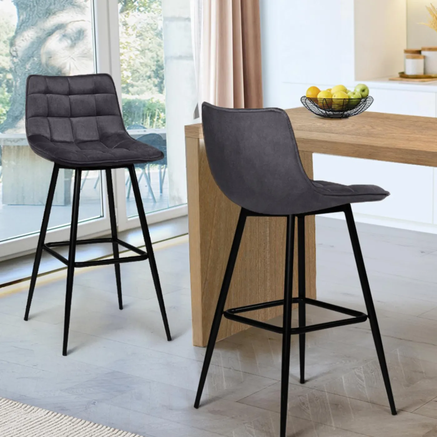 Lot de 2 tabourets de bar en velours gris foncé
