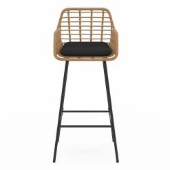 Lot de 2 tabourets de bar avec accoudoirs effet rotin beige pieds métal noir