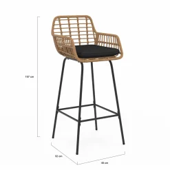 Lot de 2 tabourets de bar avec accoudoirs effet rotin beige pieds métal noir