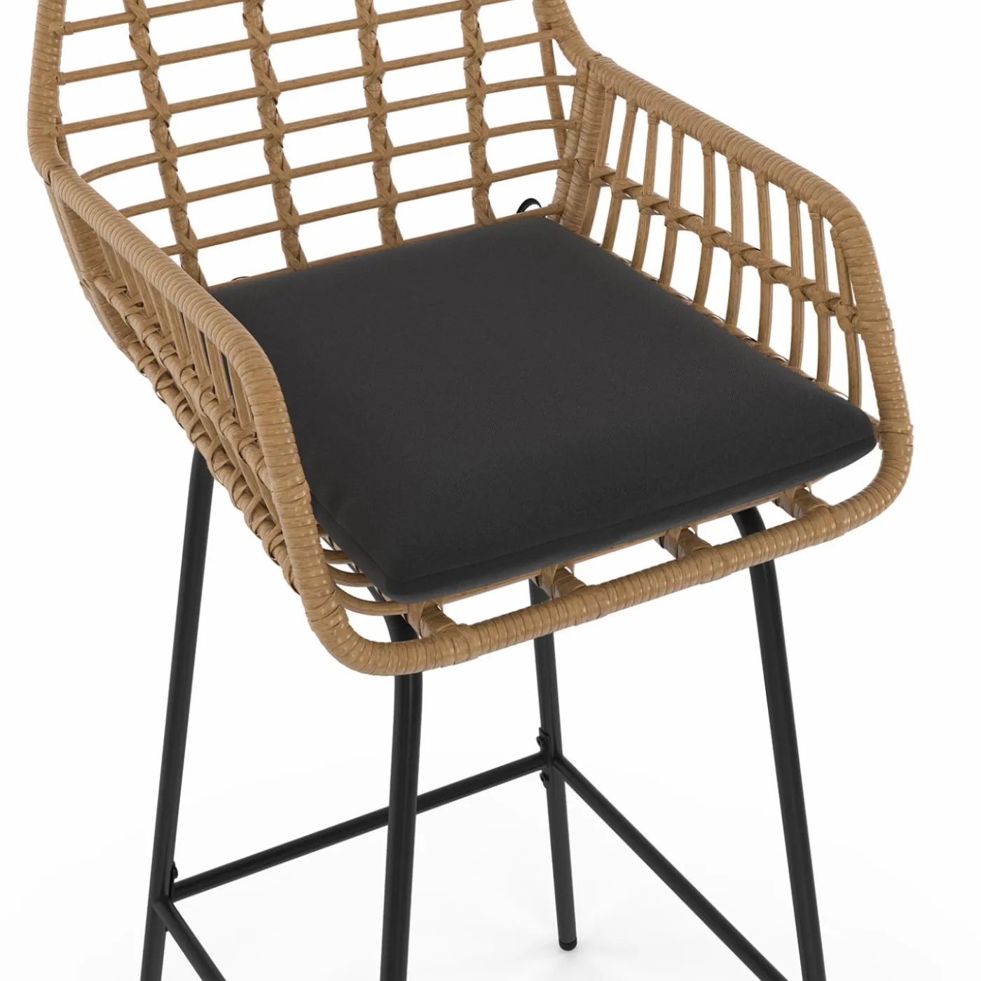 Lot de 2 tabourets de bar avec accoudoirs effet rotin beige pieds métal noir