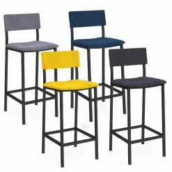 Lot de 4 tabourets de bar en velours et métal mix color : bleu, gris et jaune