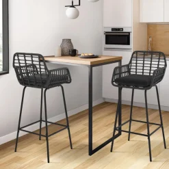 Lot de 2 tabourets de bar avec accoudoirs noir effet rotin pieds métal noir