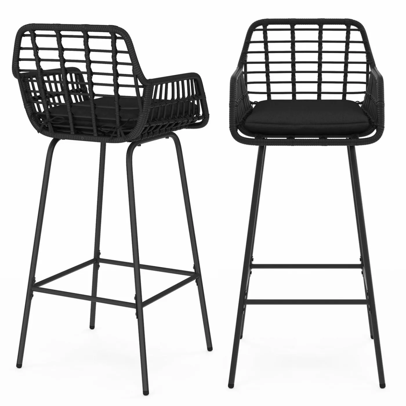 Lot de 2 tabourets de bar avec accoudoirs noir effet rotin pieds métal noir
