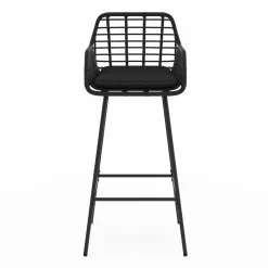 Lot de 2 tabourets de bar avec accoudoirs noir effet rotin pieds métal noir