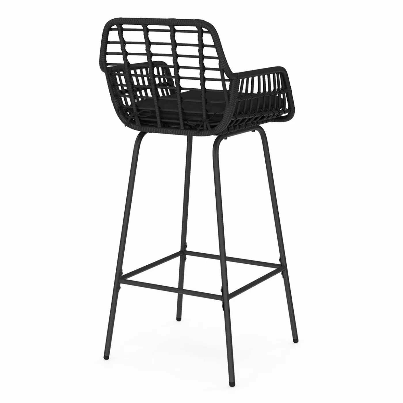 Lot de 2 tabourets de bar avec accoudoirs noir effet rotin pieds métal noir