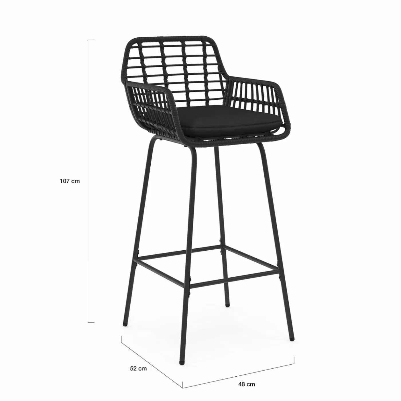 Lot de 2 tabourets de bar avec accoudoirs noir effet rotin pieds métal noir